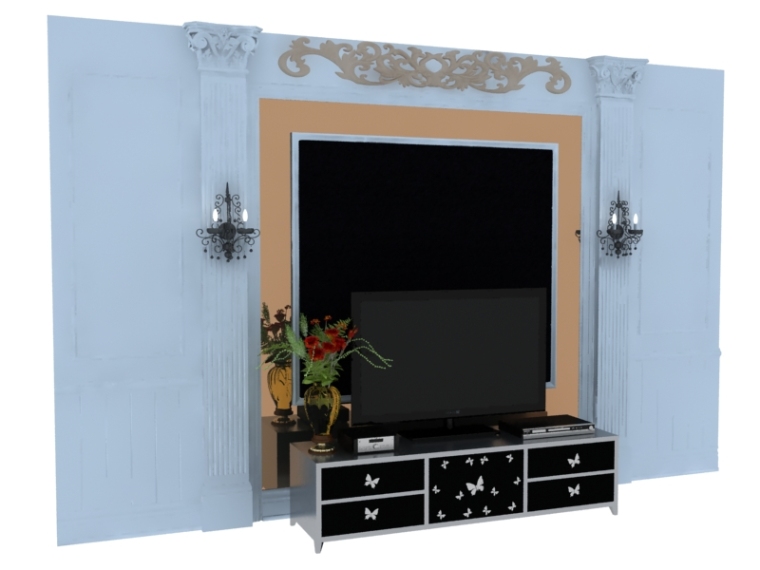电视背景墙模型资料下载-欧式装饰电视墙3D模型下载