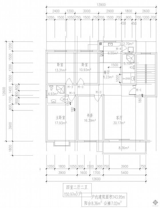 四室二厅户型平面图视频资料下载-板式多层一梯二户四室二厅二卫户型图(151/151)