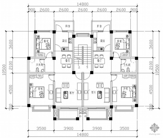 两室一厅一卫装修图资料下载-板式多层一梯二户二室一厅一卫户型图(80/80)