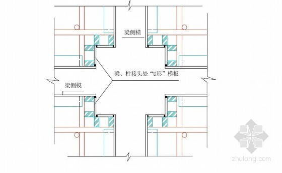 [北京]剪力墙结构住宅小区工程施工组织设计(139页 PDF格式 长城杯工程)-梁、柱节点模板拼装示意图，图中涂黑部位为密封条 