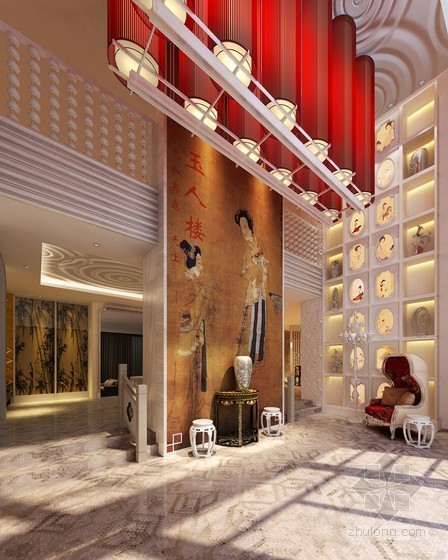 新中式酒店大床房资料下载-新中式酒店大厅3d模型下载