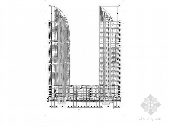 [福建]250米玻璃幕墙双塔商业办公综合体建筑施工图（ 地标建筑 中国第一双子塔）-250米玻璃幕墙商业办公综合体剖面图 