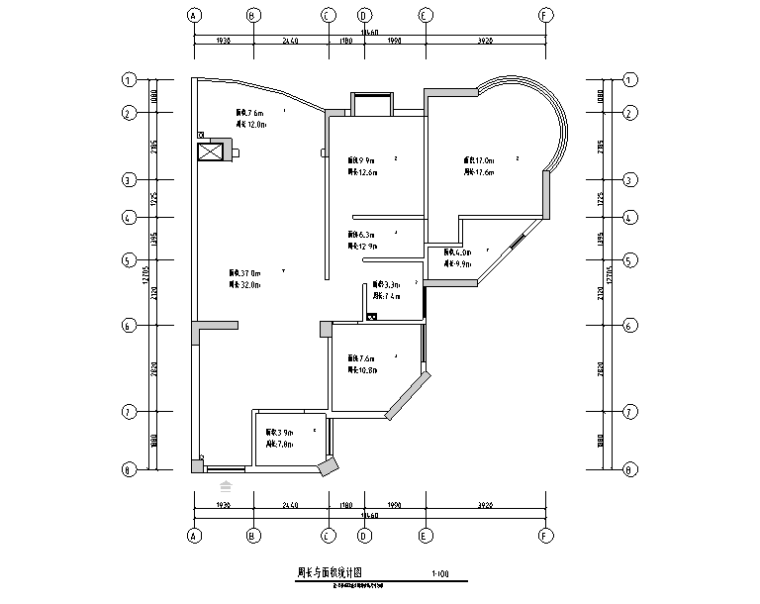 现代简约极简主义三居室住宅空间设计施工图（附效果图+软装表）-周长与面积统计图