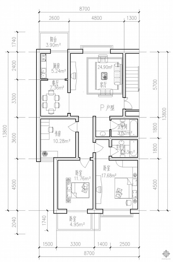 4层跃层住宅优秀户型图资料下载-板式多层有跃层单户户型图(124)