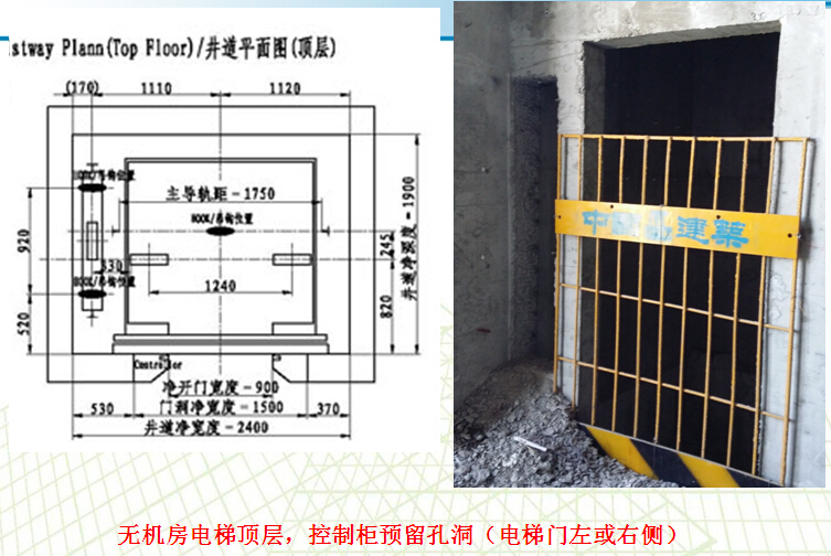 [中建]项目策划与总包管理（189页，附图）-无机房电梯顶层，控制柜预留孔洞