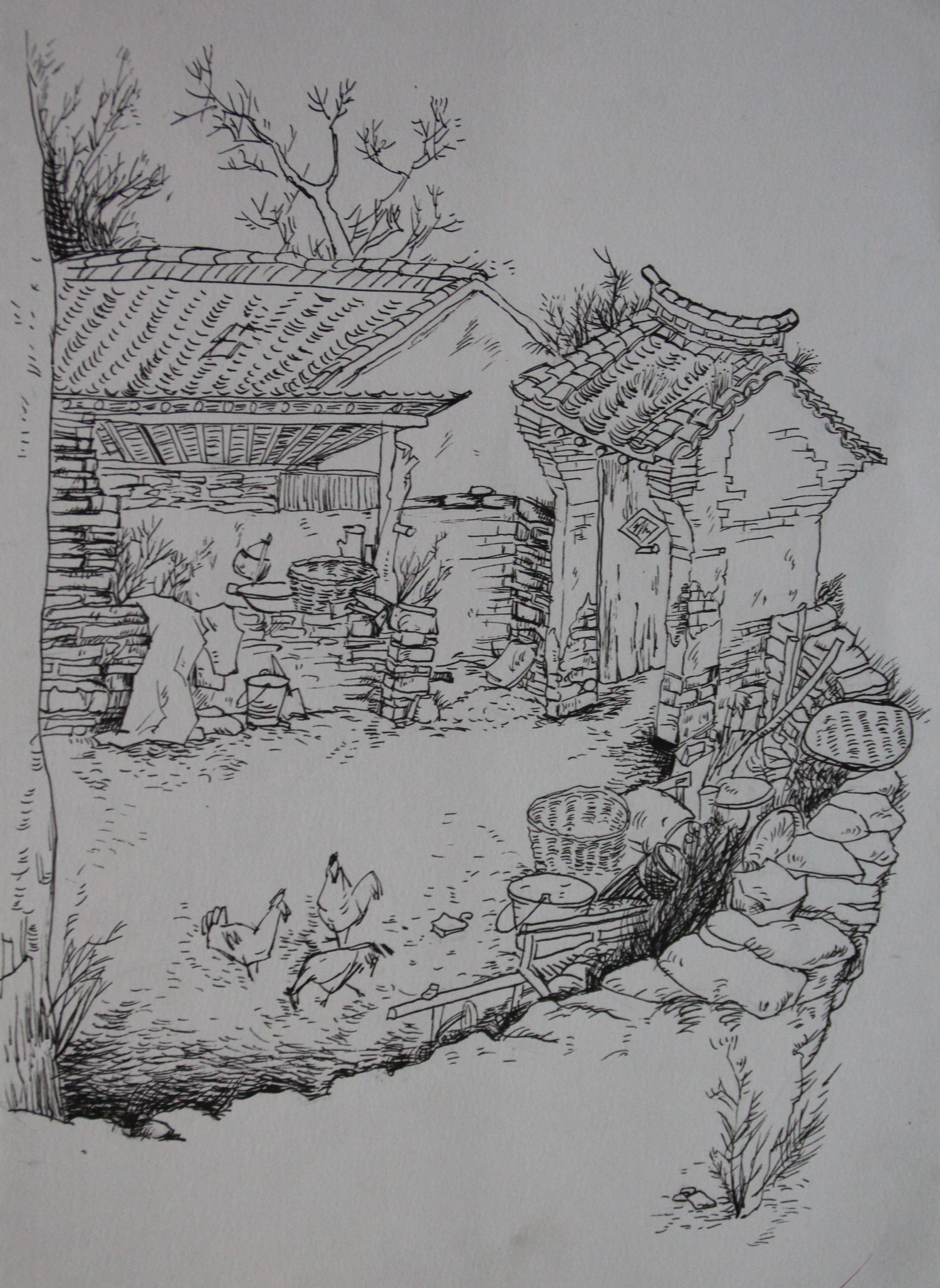 农村风景钢笔画图片