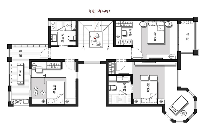 世尊家居--江苏别墅室内设计方案及意向图（23页）-二层平面布置图