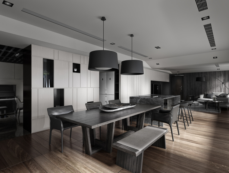 木质廊架3d模型资料下载-黑白灰木质空间餐厅3D模型（附效果图）