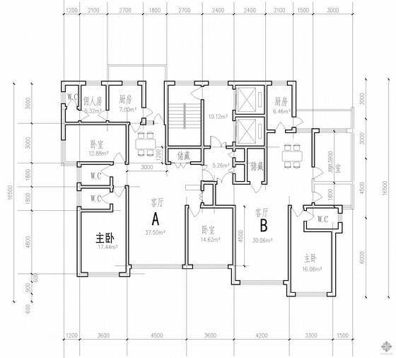 130方一梯四户高层住宅资料下载-塔式高层一梯二户公寓建筑户型图(161/130)