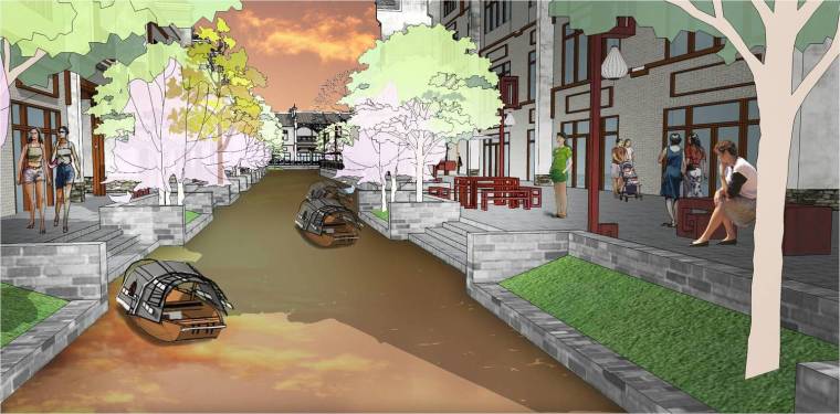 [湖南]“一步一景”江南古城景观规划设计方案-水街效果图