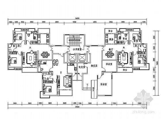 两梯六户房子的平面图资料下载-小高层住宅一梯四户型平面图（84、104平方米）