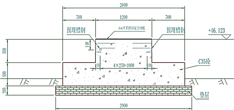 跨江特大桥96m下承式简支钢桁梁拖拉法施工专项施工方案及计算书130页（附拖法图纸66张）-滑道梁基础截面图