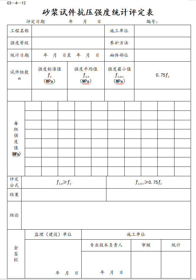 公路桥梁工程监理施工管理表格-砂浆试件抗压强度统计评定表