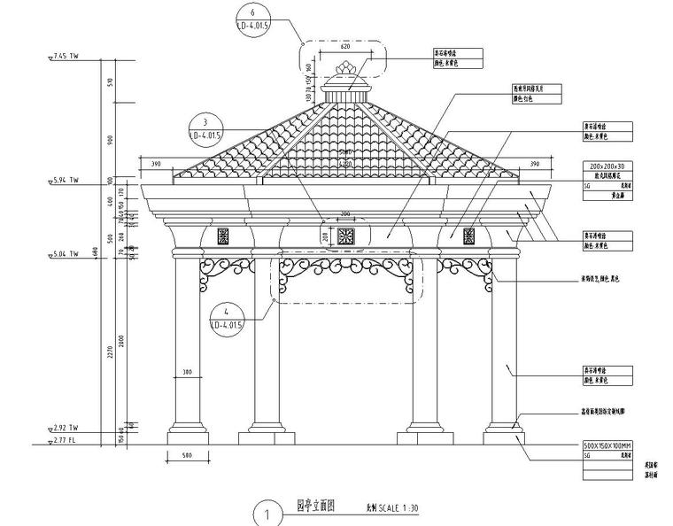 六角景观亭子设计详图 （钢筋混凝土）——知名景观公司景观-立面图