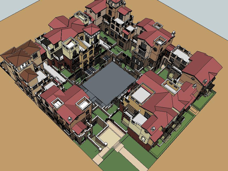 西班牙风格住宅区景观方案资料下载-西班牙风格居住区建筑SU模型