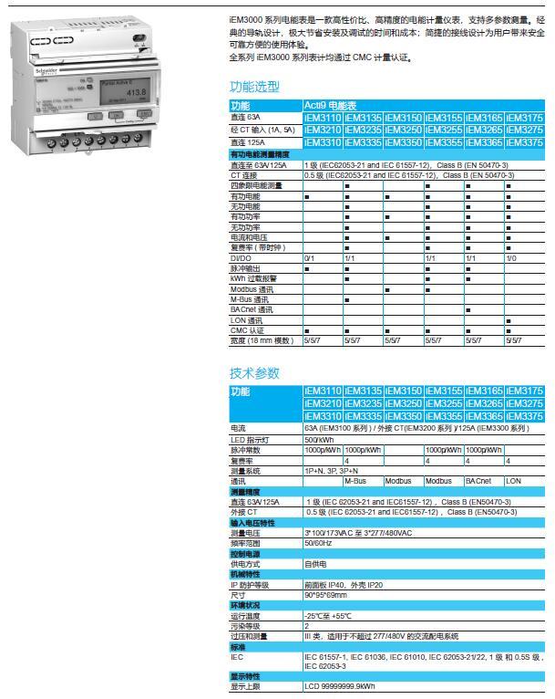 2018年施耐德低压产品选型手册[464页]-iEM3000 系列三相导轨安装电能表