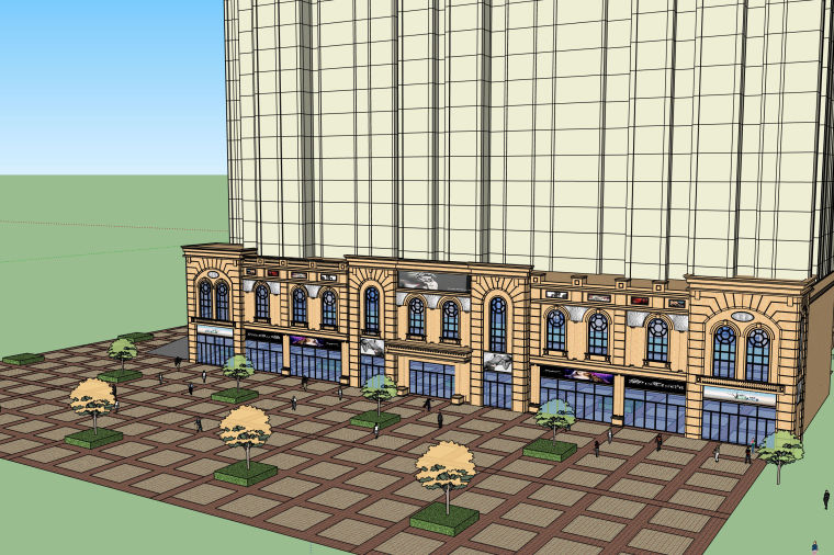 健身广场3D模型资料下载-法式商业建筑及广场SU模型