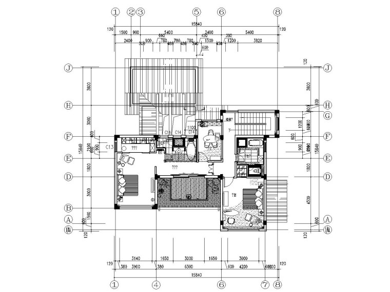 [江苏]新中式风格别墅样板间装修施工图（附效果图）-A3别墅2层平面图-2F