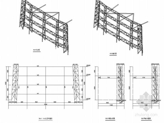 [安徽]40层框架核心筒结构超高层办公楼结构施工图（AB塔楼 设停机坪）-钢桁架轴测图、立面布置图、侧面布置图
