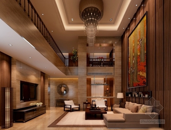 [福建]新中式风格别墅室内装修CAD施工图（含效果）客厅效果图