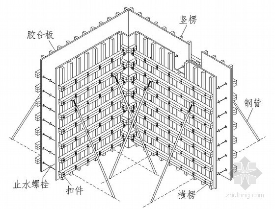 [福建]商学院大楼模板工程施工方案（现场拼装法）-墙模板安装示意图 