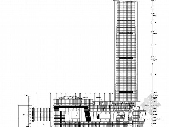 48层五星级酒店办公塔楼和8层购物中心结构图（含详细建筑图）-东立面图 