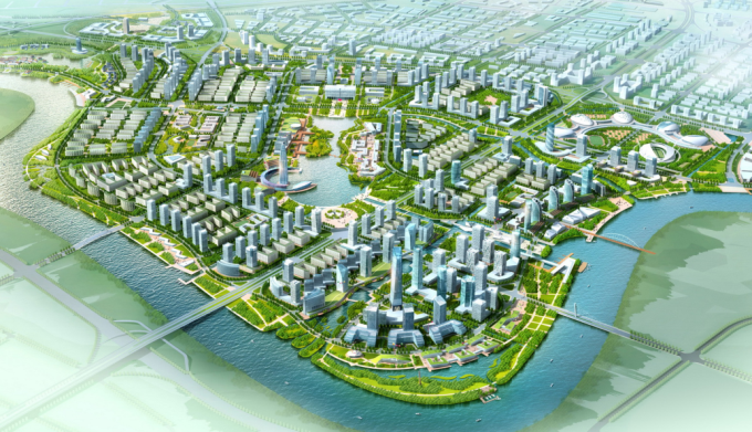 [浙江]综合型滨江生态水岸低碳创新产业城市规划设计方案（2017最新）-核心区景观鸟瞰效果图