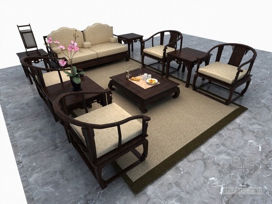 古典中式3d资料下载-中式古典沙发3D模型下载