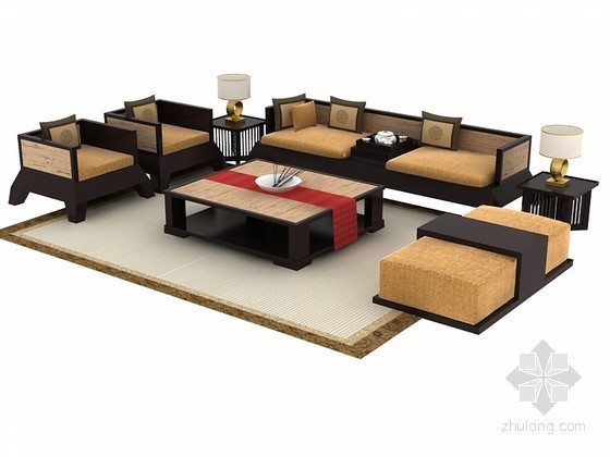 室外中式沙发su模型资料下载-中式沙发组合3D模型下载