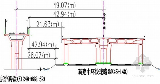 [江苏]新建城市快速路高架桥工程临近高铁施工安全专项方案（2013）-新建道路与原有高铁位置关系示意 