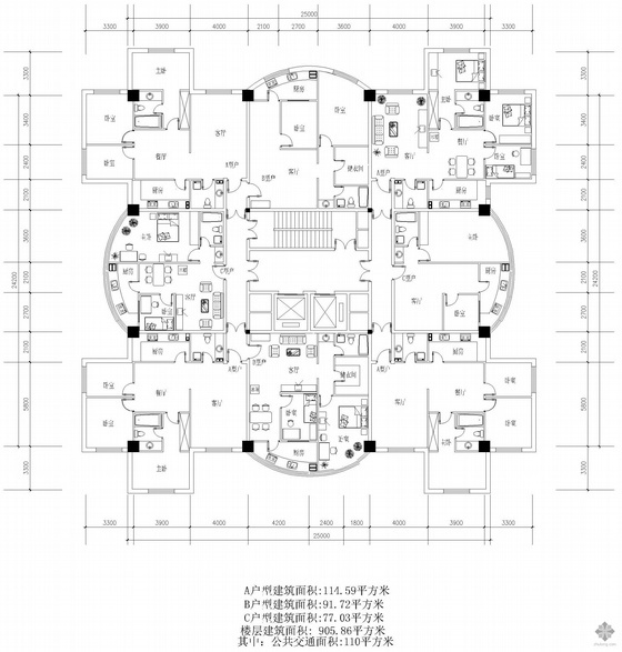 一梯一户高层户型图资料下载-塔式高层一梯八户户型图