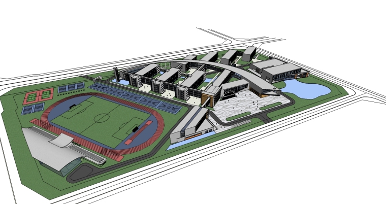 现代风格中学建筑设计模型SU精模型-鸟瞰图