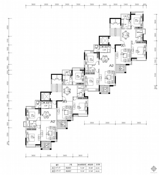 高层住宅一梯两户小户型图资料下载-塔式高层一梯两户户型图(86/88)