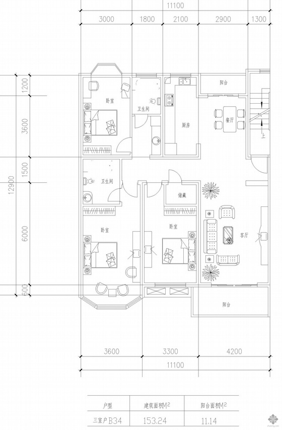 CAD多层小区户型图资料下载-板式多层一梯两户户型图(153/153)