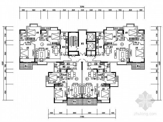 建筑户型平面图跃层资料下载-某一梯四对称户型平面图（126/89）