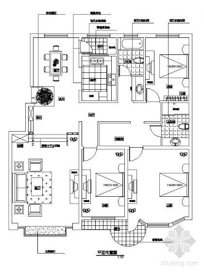 小区户型平面设计CAD图资料下载-三室两厅平面设计图
