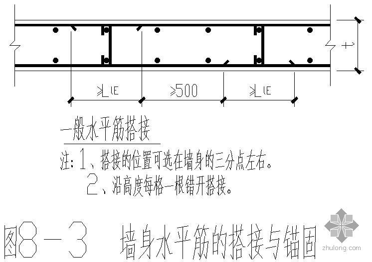 墙身构造与详图资料下载-某墙身水平筋的搭接与锚固节点构造详图（二）