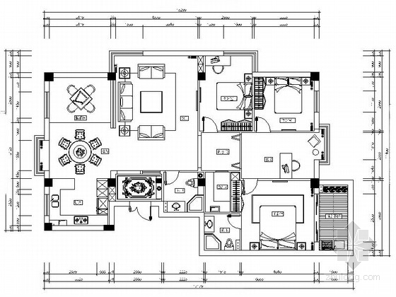 三室两厅两卫的样板间资料下载-[大连]时尚四居室两厅样板房装修CAD施工图（含效果）