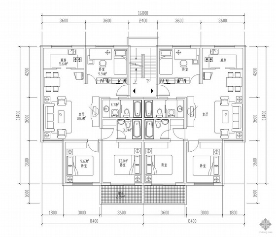 混合户型一梯两户多层资料下载-板式多层一梯两户户型图(95.6/95.6)