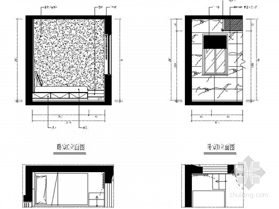 [福建]小户型一室一厅简约风格室内装修施工图（含效果）-卧室立面