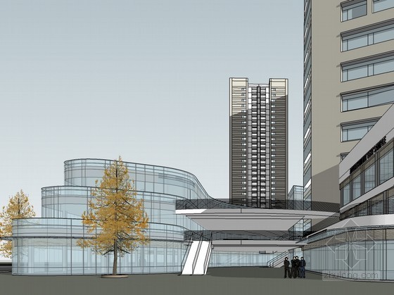 弧形高层商业办公资料下载-高层办公及商业裙房建筑SketchUp模型