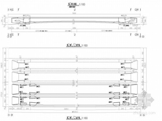 [福建]27米宽单箱四室斜腹式预应力混凝土连续箱梁高架桥设计图217张-SⅢ-1-2-08第二、七联（35+50+35）m箱梁一般构造图 