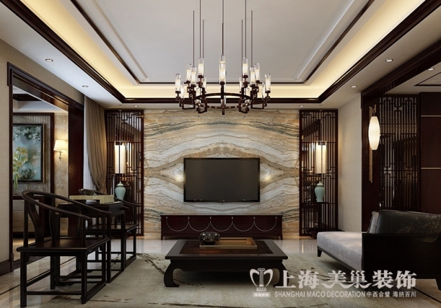 仿古中式地砖资料下载-武汉东湖国际270平装修案例新中式风格设计
