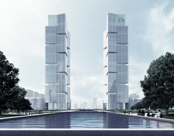 ​[河南]郑州绿地中央广场现代风高层综合体办公建筑设计方案文本（PDF）-透视效果图