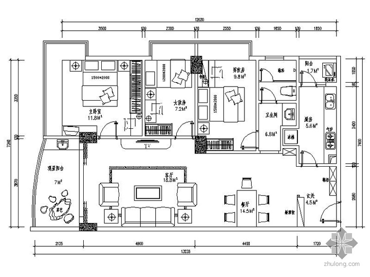 党建活动室室内装修cad资料下载-三室二厅室内装修图