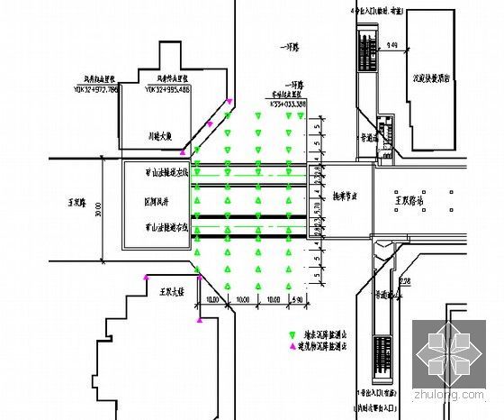 [四川]地铁区间矿山法隧道施工安全专项施工方案56页（注浆大管棚 喷锚构筑法）-地表沉降监测点布置平面图