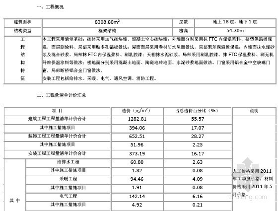 19层框架结构住宅楼建筑安装工程造价指标分析(含地下室)-某住宅工程造价分析 