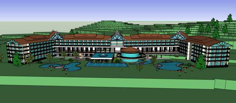 东南亚中式酒店建筑设计资料下载-东南亚风城市酒店SU模型