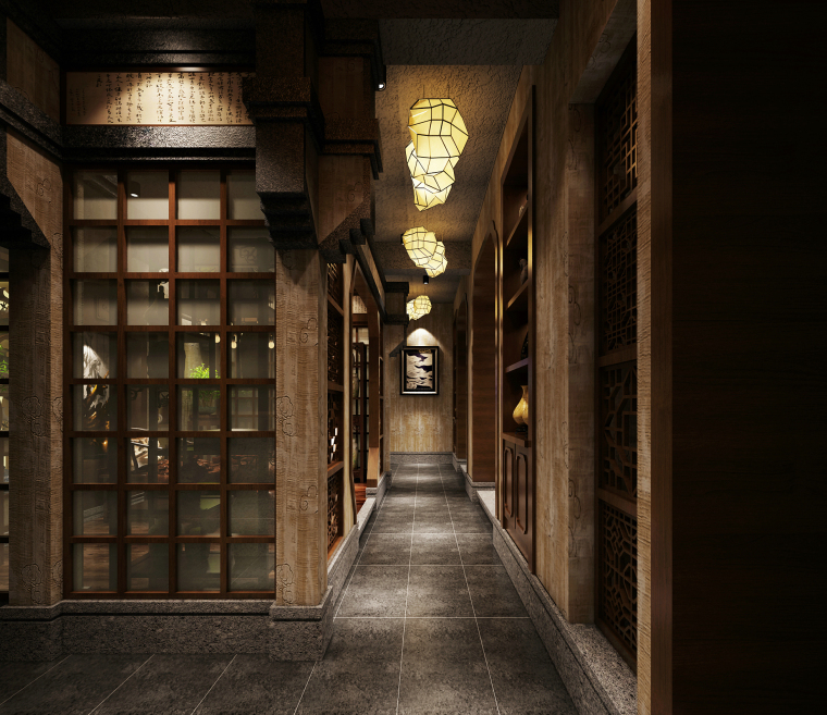 新中式--禅意茶楼餐厅设计施工图（附效果图）-秀过厅