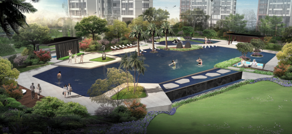 [广东]生态滨水全龄运动住宅社区景观规划设计（方案+SU模型+CAD平面图+实景图）  -泳池景观效果图